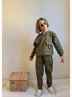 Rapapa Erkek Çocuk 3 Iplik Şardonlu Kapüşonlu Kargo Cepli Eşofman Takımı 9120 Yeşil