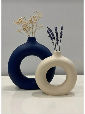 Derdenix Dekoratif Beton  Lacivert -  Bej 2'li Halka Vazo Bohem Set