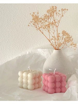 Modern Bubble Küp Mum Beyaz-Pembe Dekoratif Mum 2 Adet