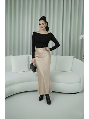 Studio Fashion 1988 Kadın Bej Premium Beli Lastikli Uzun Verev Kesim Floş Ipek Saten Etek