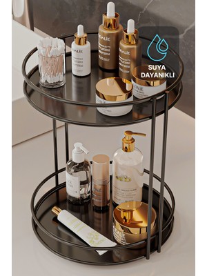 Bino Banyo Düzenleyici Organizer Sunumluk Paslanmaz 2 Katlı Metal Tepsili Dekoratif Takı ve Makyaj Rafı