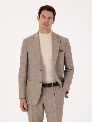 Cacharel Erkek Bej Slim Fit Yün Kaşmir Karışımlı Mikro Desenli Ceket 50312656-VR011