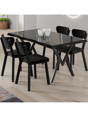 Canisa Akort Serisi Mdf Sabit 80X130 Siyah Mermer Desen Mutfak Masası Takımı 4 Sandalye