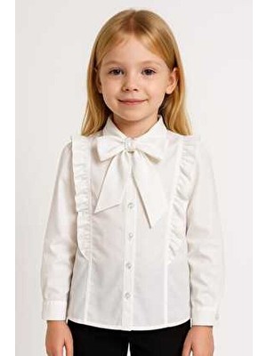 Elayza Göğsü Yanlardan Firfirli Fular Yakali Kiz Çocuk Gömlek / 23 Ni̇san Okul Gömleği̇