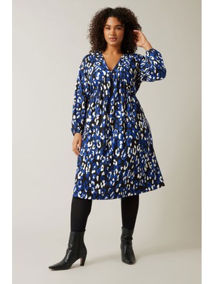 Büyük Beden V Yaka Uzun Kollu Bürümcük Kumaş Midi Elbise 615818