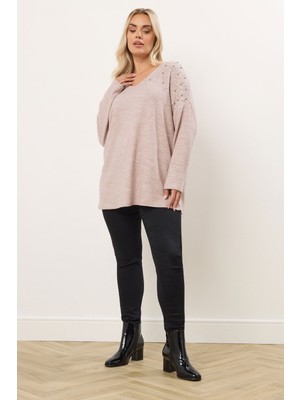 Büyük Beden V Yaka Uzun Kollu Boncuklu Peluş Sweatshirt 285055