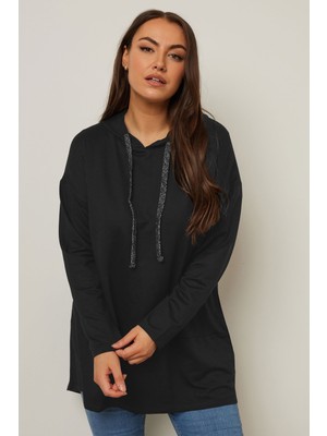Büyük Beden Kapüşonlu Uzun Kollu Siyah Sweatshirt Kadın Asimetrik Kesim Ekstra Rahat