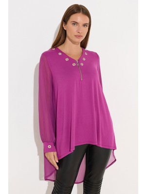 Büyük Beden V Yaka Uzun Kollu Tül Detaylı Asimetrik Kesim Bluz 110881