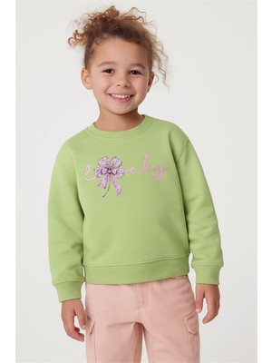 Breeze Kız Çocuk Sweatshirt Fiyonklu Çiçek Baskılı 2-6 Yaş, Fıstık Yeşili