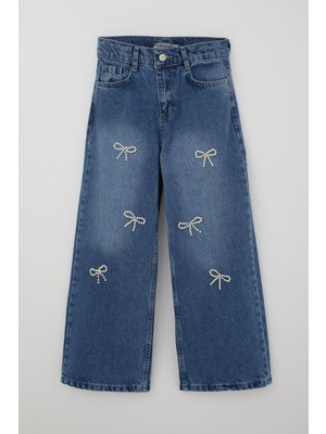 Breeze Kız Çocuk Jean Pantolon Inci Detaylı Fiyonk Işlemeli 10-14 Yaş, Mavi