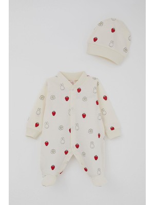 Breeze Kız Bebek Patikli Tulum Sevimli Tavşancık & Çilek Desenli 0-6 Ay, Ekru