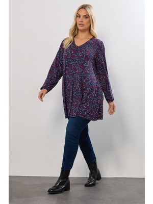 Büyük Beden V Yaka Uzun Kollu Çiçek Desenli T-Shirt 322979