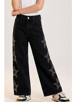 Breeze Kız Çocuk Jean Pantolon Taşlı Yıldız Baskılı 5-9 Yaş, Siyah