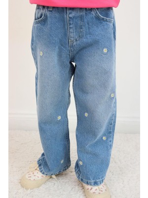 Breeze Kız Çocuk Jean Pantolon Papatya Nakışlı Düğmeli 1.5-5 Yaş, Açık Mavi