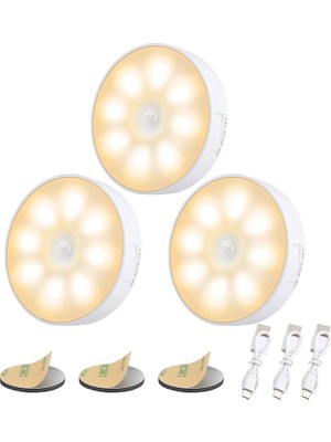 CetKing 3 Adet Hareket Dedektörlü 8 LED Gece Lambası, Gece Lambası, USB Şarj Edilebilir, 3 Mod Ayarlanabilir, Otomatik/açık/kapalı, Yatak Odası, Dolap, Tuvalet, Koridorlar Için, 3000K Sıcak Beyaz