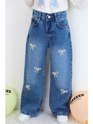 Breeze Kız Çocuk Jean Pantolon Inci Detaylı Fiyonk Işlemeli 5-9 Yaş, Mavi