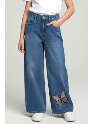 Breeze Kız Çocuk Jean Pantolon Kelebek Nakışlı Düğmeli Fermuarlı 10-14 Yaş, Mavi
