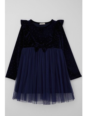 Breeze Kız Çocuk Uzun Kollu Kadife Elbise Taş Aksesuar Detaylı Tüllü 4-8 Yaş, Lacivert