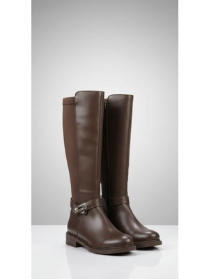 papucumun dünyası Diz Altı Esnek Dalgıç Kumaş Detaylı Fermuarlı Kadın Deri Çizme Bot