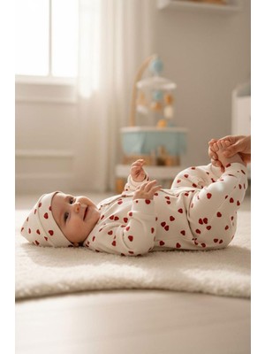 Breeze Kız Bebek Tulum Sevgi Temalı Kalp Desenli 0-6 Ay, Krem