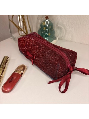 Pinkue Premium Simli Bordo Makyaj Çantası/ Kalemlik – Geniş Hacimli, Saten Astarlı, Özel Tasarım
