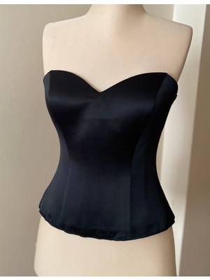 Moda Siyah Saten Korse Bağcıklı-Büstiyer