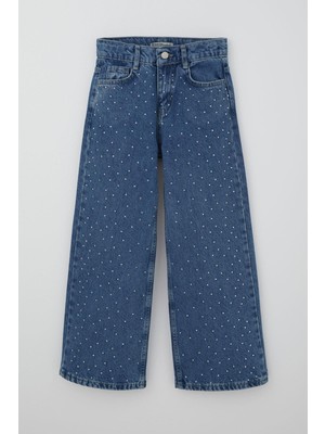 Breeze Kız Çocuk Jean Pantolon Taş Aksesuarlı Fermuarlı Cepli 10-14 Yaş, Mavi
