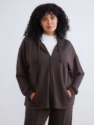 Soulife Büyük Beden Kapüşonlu Kadın Fermuarlı Sweatshirt