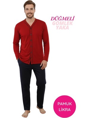 Bie's Erkek Bordo V Yaka Önden Düğmeli Pamuk Likra Mevsimlik Uzun Kol Cepli Pijama Takımı