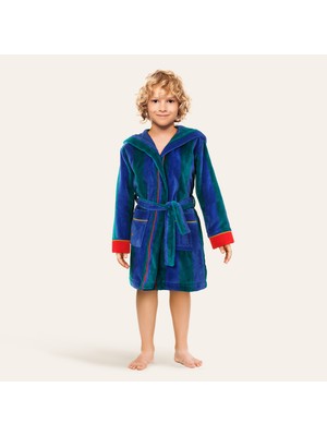 Zsa Zsa Zsu Tabea Çizgili Kadife Pamuk Çocuk Bornoz - Yeşil - Mavi