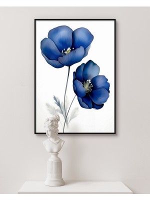 Rosa Art Tablo | Metal Çerçeveli Gerçek Camlı Tablo|koyu Mavi Çiçek Temalı|soyut,minimalist|yüksek Çözünürlük