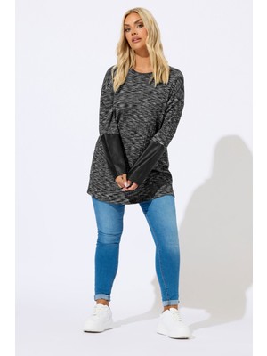 Büyük Beden Bisiklet Yaka Uzun Kollu Deri Detaylı T-Shirt 303939