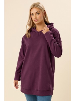 Büyük Beden Kadın Kapüşonlu Uzun Kollu Mor Sweatshirt Esnek Kumaş Özelliği ile 304288