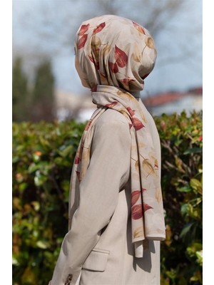 Vissona Lüks Medine Ipeği Sonbahar Desenli Bordo Renkli 75X195 Kırışmaz Şal Moss Krep Dikiş Tipi Italyan Dikişli