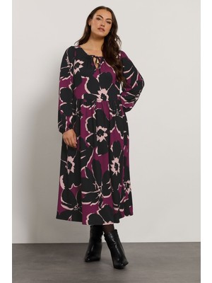 Büyük Beden V Yaka Uzun Kollu Bürümcük Kumaş Maxi Elbise 616397