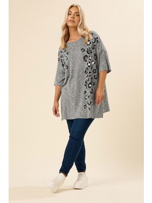 Büyük Beden Bisiklet Yaka Yarım Kol Yanı Yırtmaçlı Boncuklu Tunik 304279