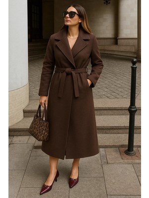 Comstar Kadın Kışlık Kuşaklı Uzun Kruvaze Kahve Kaşe Kaban