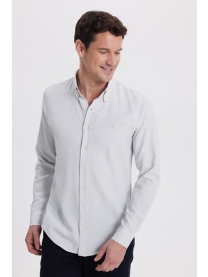 Tudors Erkek Slim Fit Dar Kesim Düz Oxford Armalı Yaka Düğmeli gri Spor Gömlek