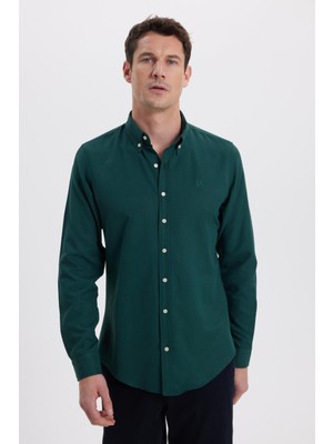 Tudors Erkek Slim Fit Dar Kesim Düz Oxford Armalı Düğmeli Yaka Haki Spor Gömlek