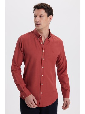 Tudors Erkek Slim Fit Dar Kesim Düz Oxford Armalı Düğmeli Yaka Kiremit Spor Gömlek