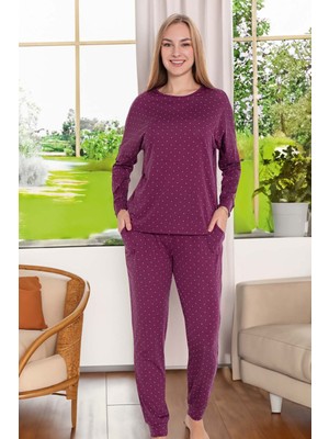 Aydoğan Kadın Puantiye Desen Uzun Kol Pijama Takımı 240987 Mürdüm