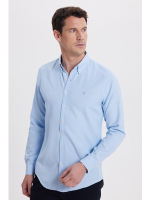 Tudors Erkek Slim Fit Dar Kesim Düz Oxford Armalı Düğmeli Yaka Mavi Spor Gömlek