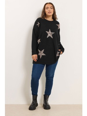 Büyük Beden Bisiklet Yaka Uzun Kollu Payetli Peluş Sweatshirt 285075