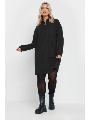 Büyük Beden V Yaka Uzun Kollu Midi Elbise 303855 Günlük Stil Düz Desen