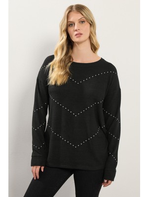 Büyük Beden Bisiklet Yaka Uzun Kollu Taşlı Ince Sweatshirt 356682