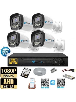 Vartek Bilişim 4 Kameralı Full HD Güvenlik Kamera Seti 500GB HDD 5MP Gece (Renkli) Görüşlü - Sabit IP Gerektirmez
