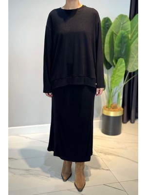 Ceremony Yün Işlemeli Etekli Triko Takım 6960 Siyah