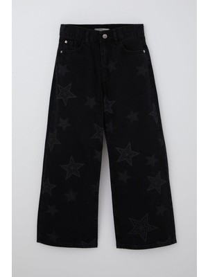 Breeze Kız Çocuk Jean Pantolon Yıldız Baskılı Fermuarlı Düğmeli 10-14 Yaş, Siyah