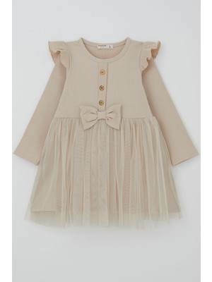 Breeze Kız Çocuk Uzun Kollu Elbise Omzu Fırfır Detaylı Fiyonklu 3-8 Yaş, Bej