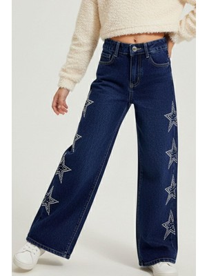 Breeze Kız Çocuk Jean Pantolon Taşlı Yıldız Baskılı 10-14 Yaş, Koyu Mavi